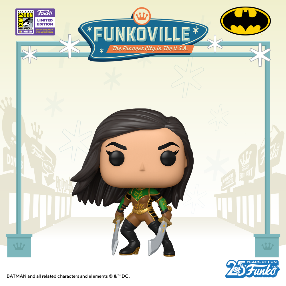 2023 SDCC-exclusive Pop! Talia al Ghul has her swords drawn, leaning into her battle-ready pose with her hair flowing in the wind.